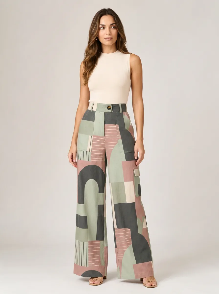 Women's Abstract Geometric Pattern Printed Wide Leg Cargo Pants