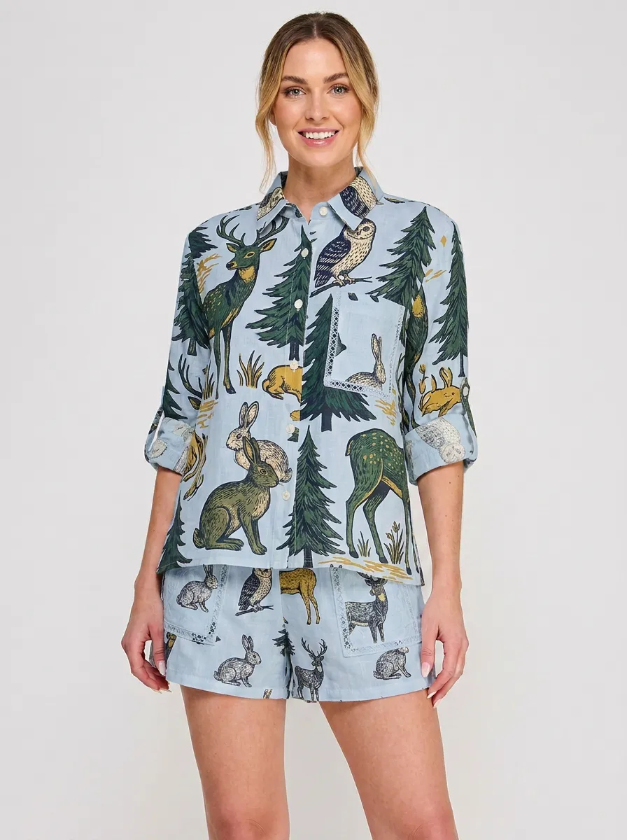 Women's Forest Animal Deer Rabbit Owl Printed Button-up Shirt