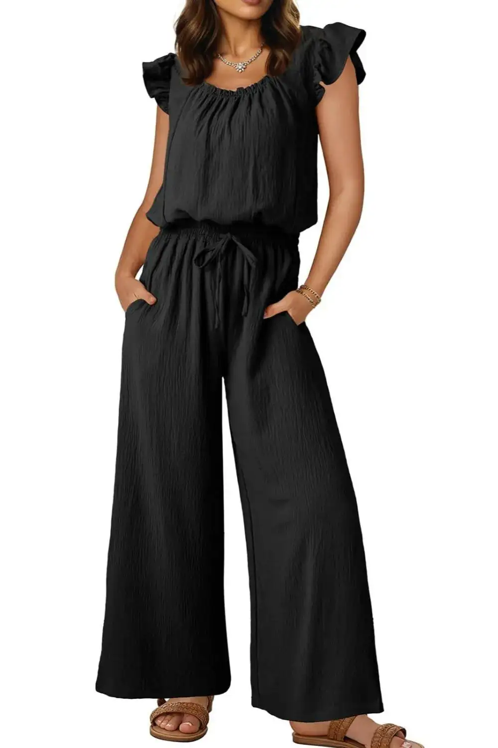 Ruffled Cap Sleeve Wide Leg Jumpsuit Accessory
