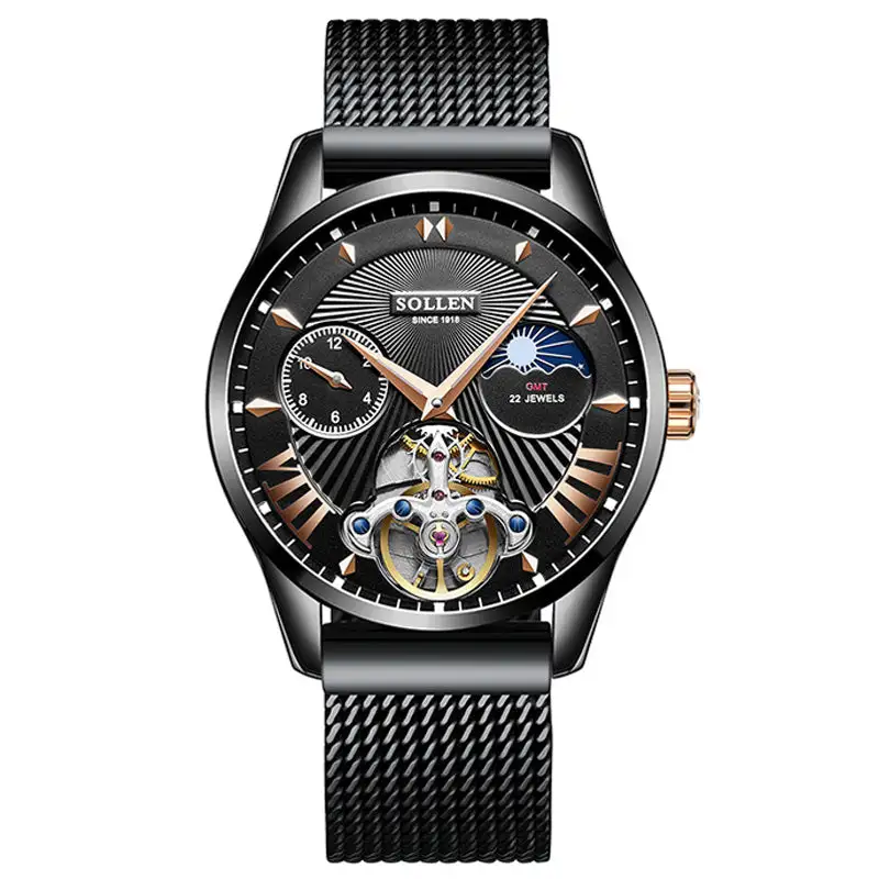 Sollen SL302 Men's Open Heart Automatic Mechanical Watch - 41mm Stainless Steel Case Moon Phase Dual Time Sunburst Dial Wristwatch