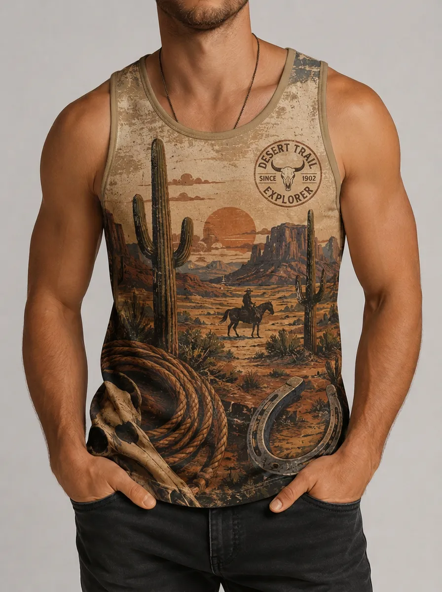 Men's Western Cowboy Desert Trail Printed Tank Top