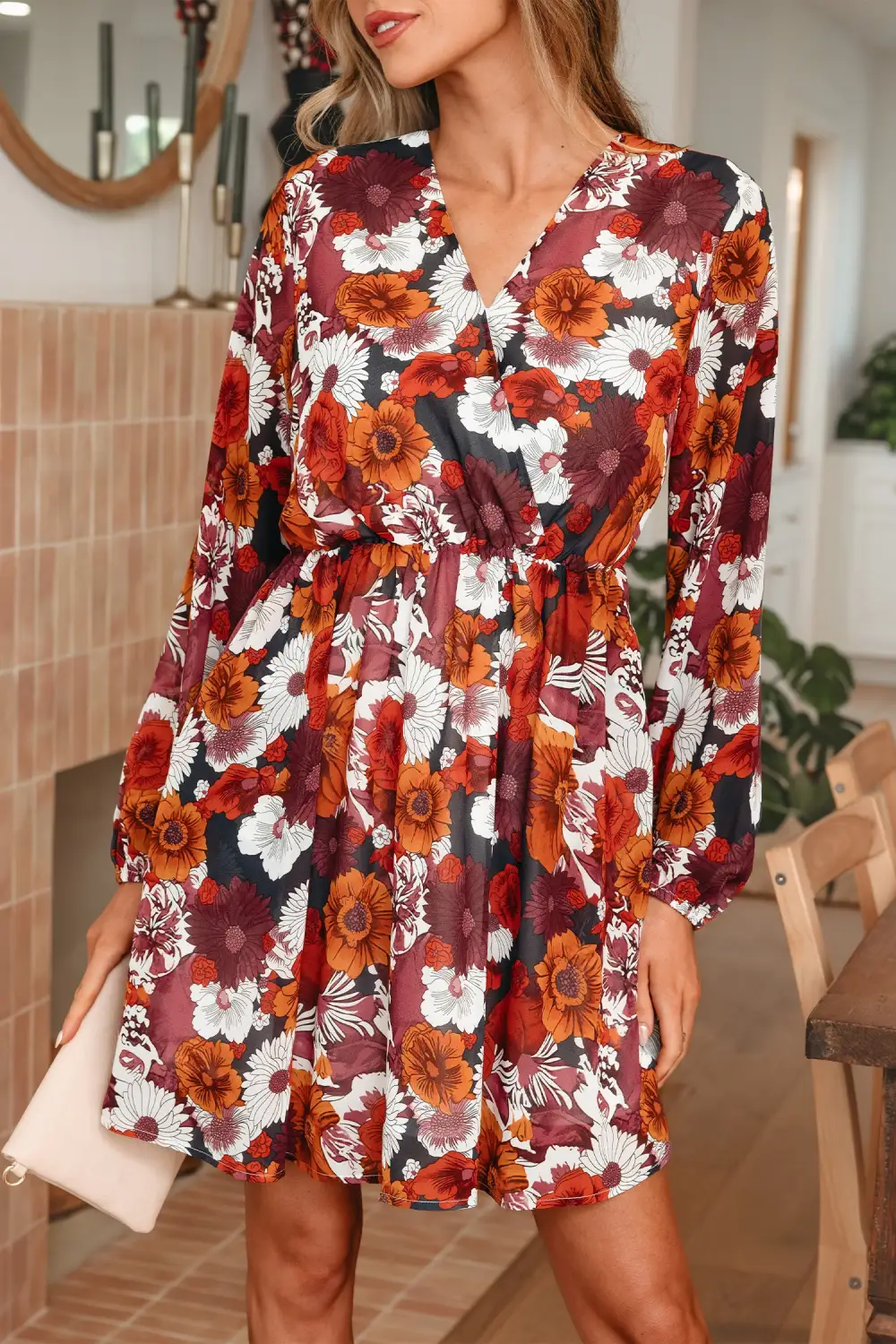 Textured Detail Floral Printed V Neck Mini Dress