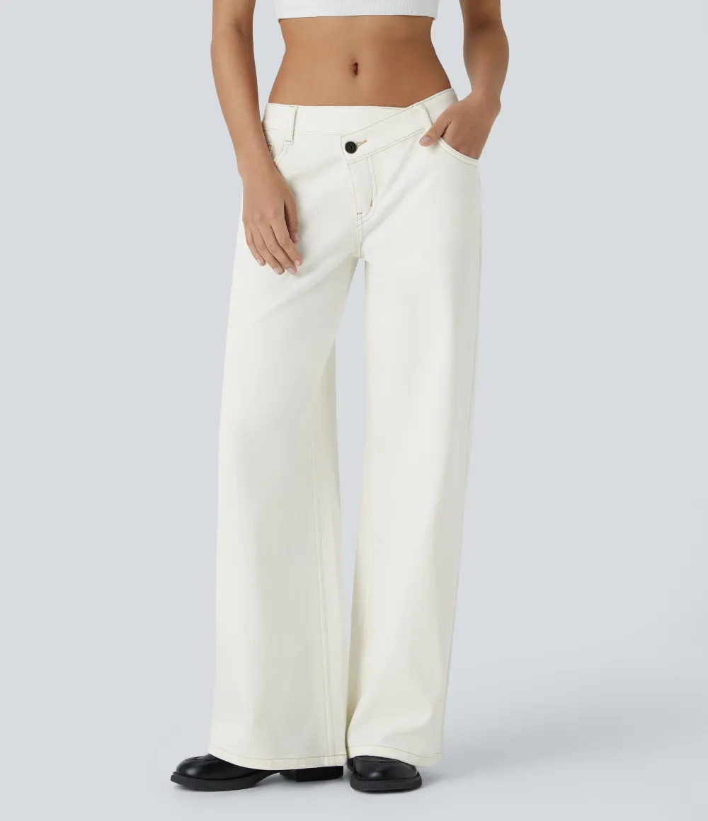 Asymmetric Low Rise Zipper Pockets Baggy Wide Leg Washed Casual Jeans