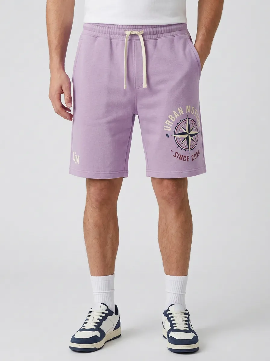 Men's Compass Drawstring Elastic-Waist Relaxed-Fit Printed Sweat Shorts