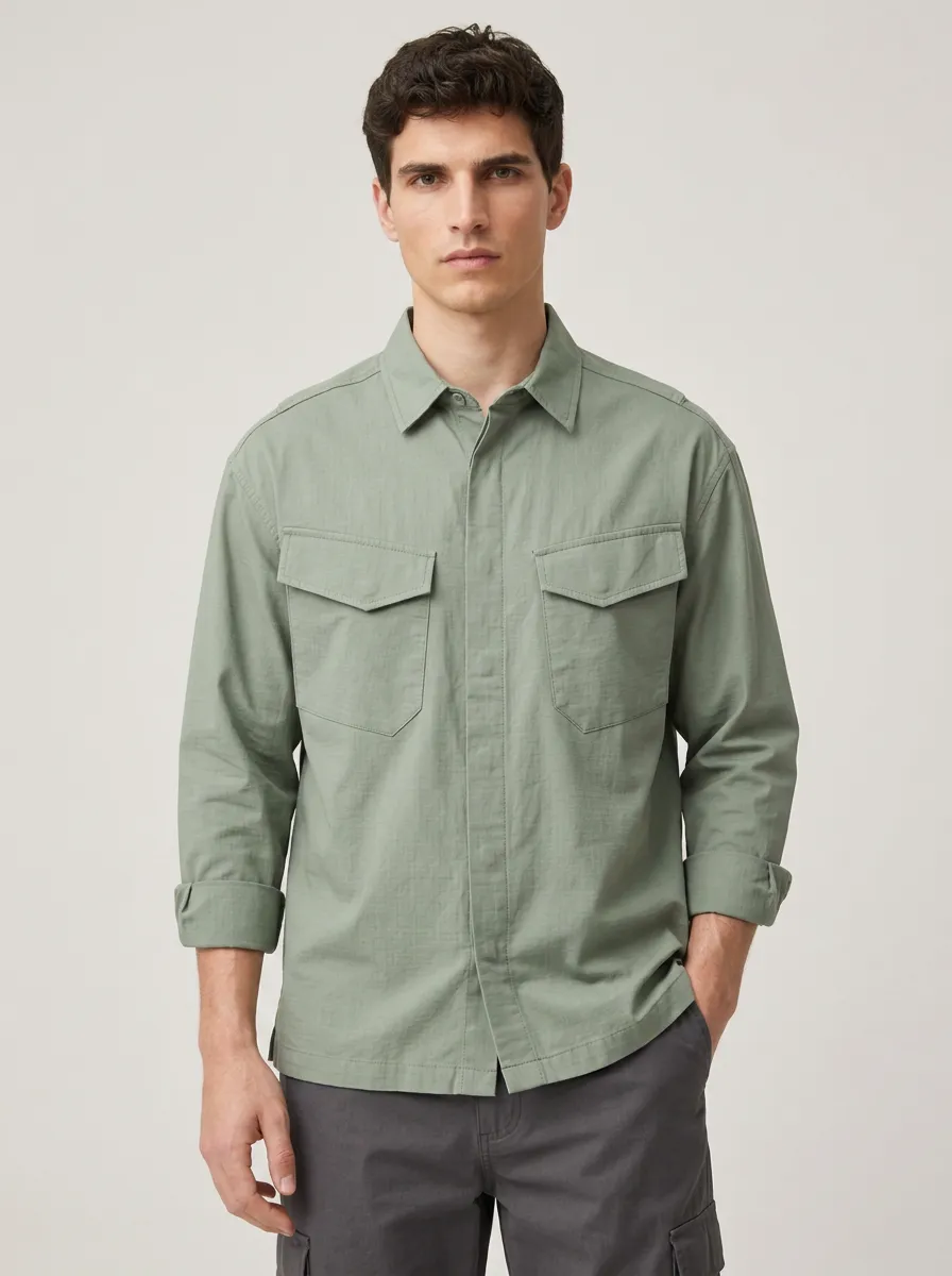 Men's Casual Sage Green Utility Pocket Long Sleeve Shirt
