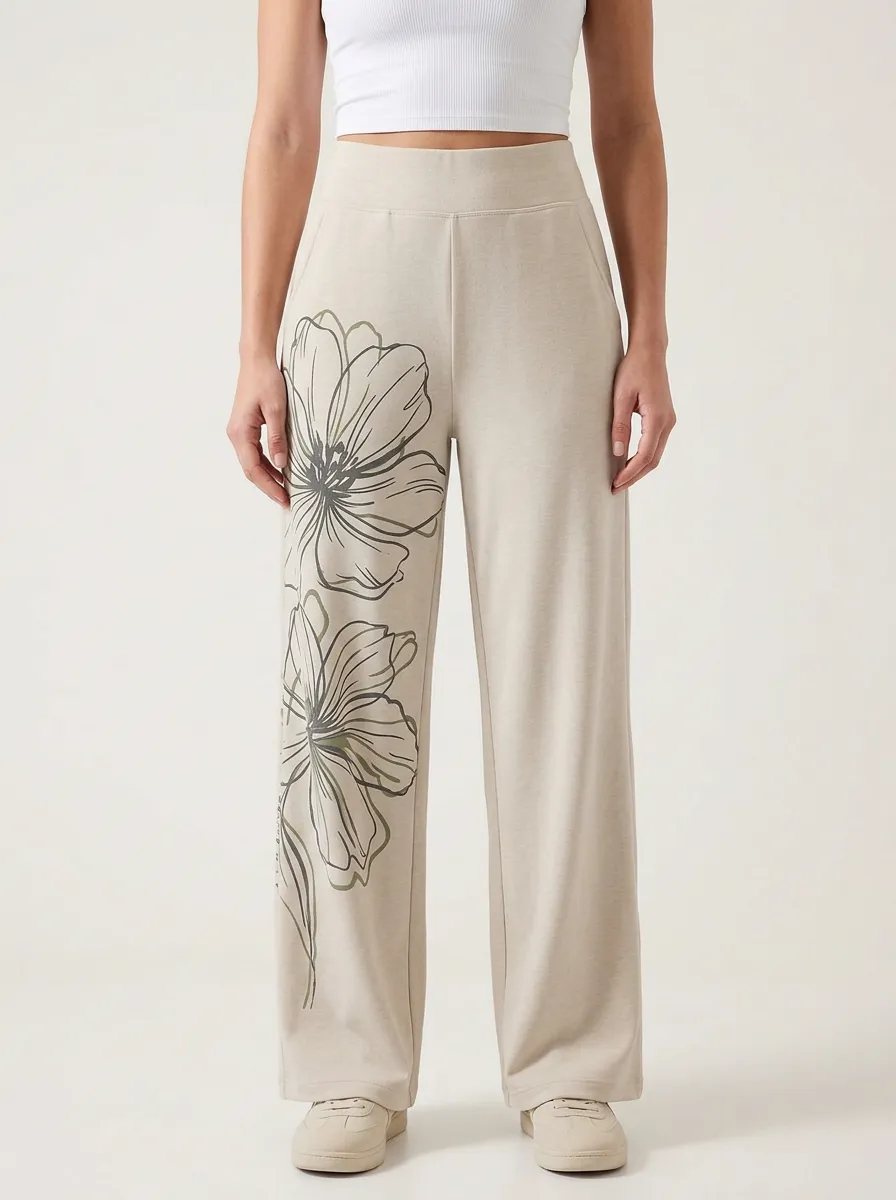 Women's Floral Minimalist Beige Graphic Wide Leg Pants