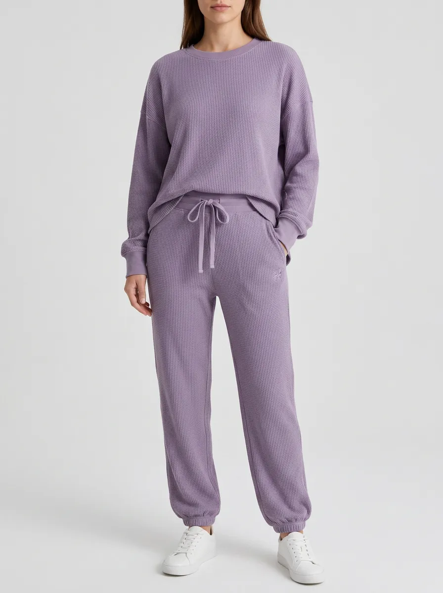 Unisex Purple Waffle Knit Solid Color Long Sleeve Top