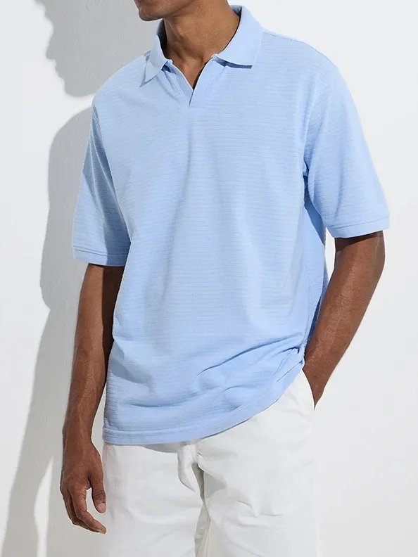 Blue Loose Cotton-Blend Polo T-Shirt