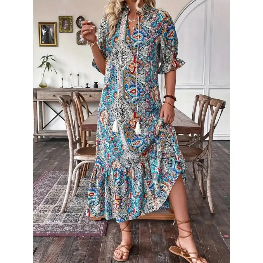 Tie Neck Flounce Sleeve Midi Dress