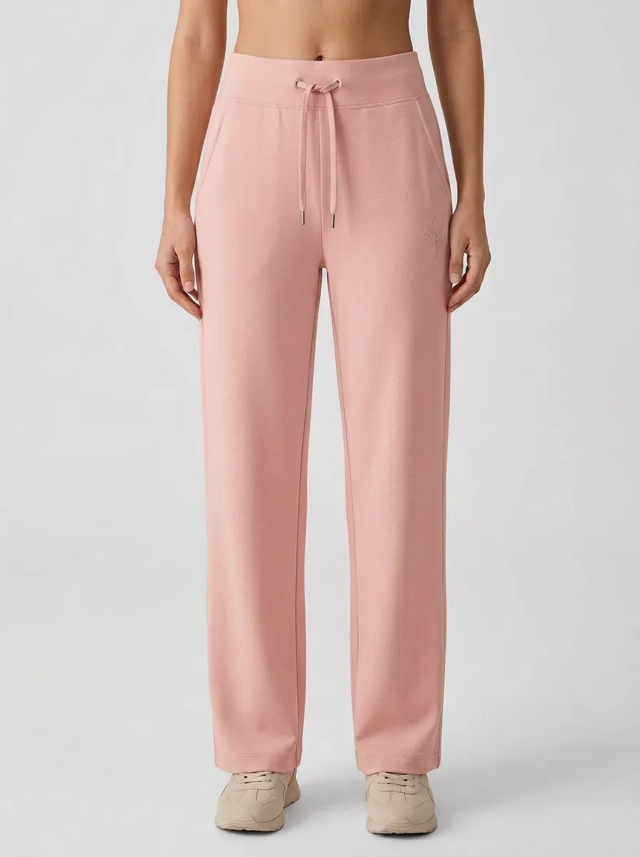 Women's Minimalist Beige Leaf Embroidered Drawstring Sweatpants