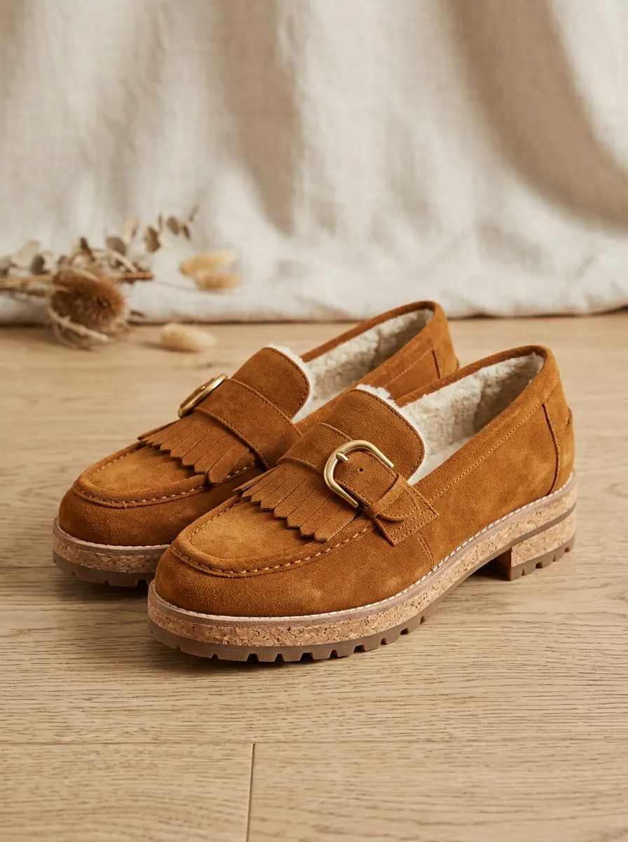Women's Buckle Detail Suede Wood Sole Loafers