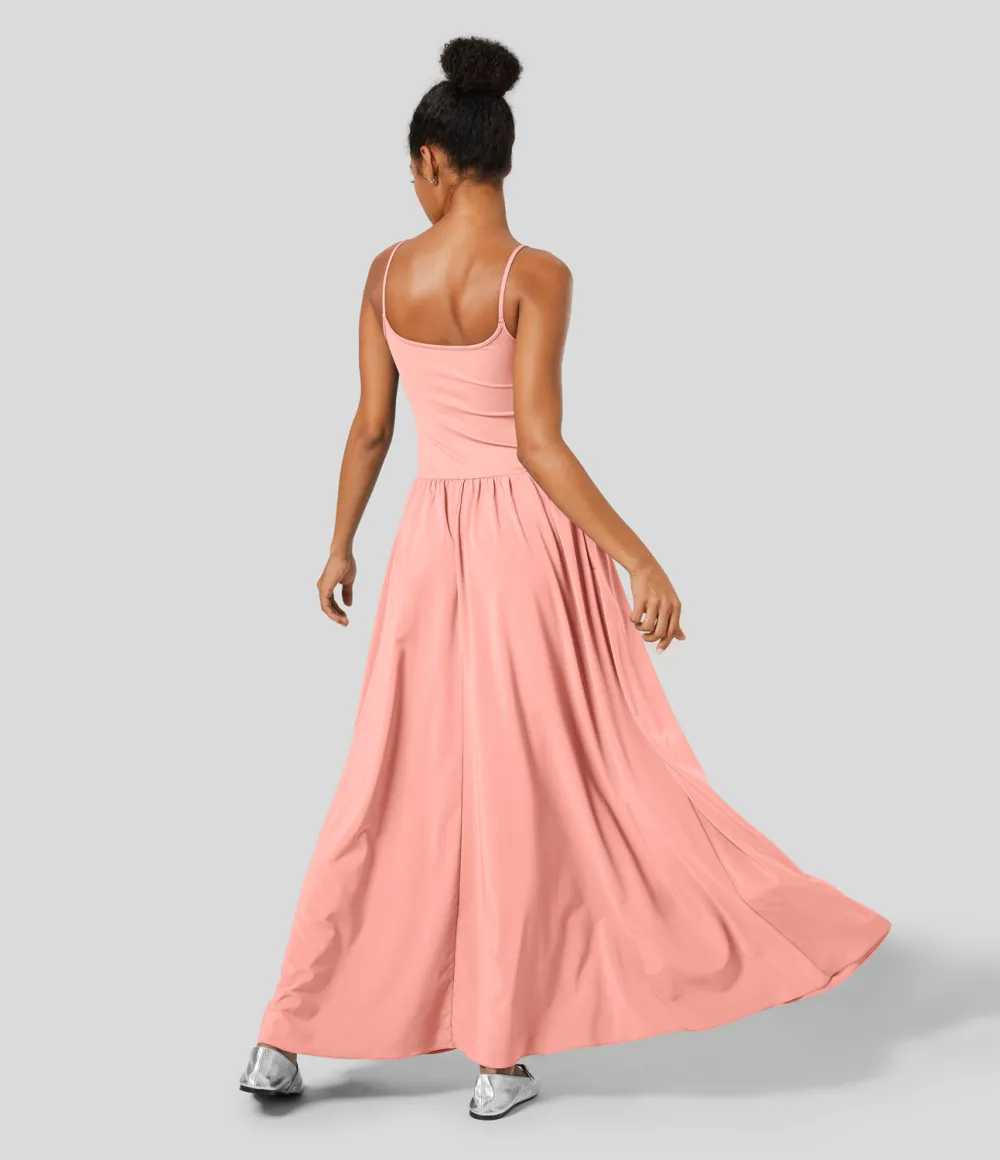 Breezeful Backless Side Pocket Plicated Flowy Flare Maxi Quick Dry Casual Slip Dress
