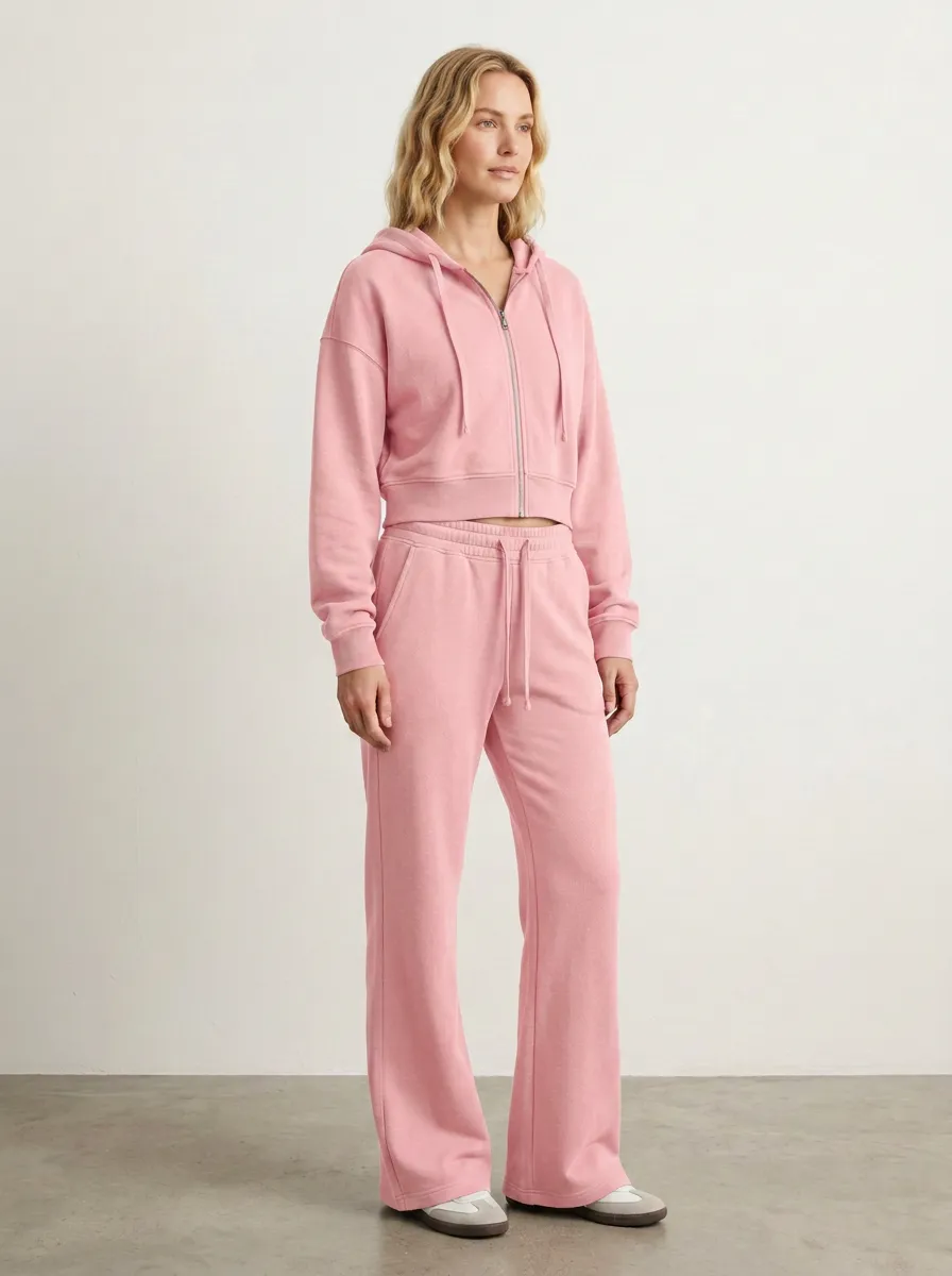 Women's Bold Sport Inspired Cropped Hooded Jacket and Flare Pants Active Set