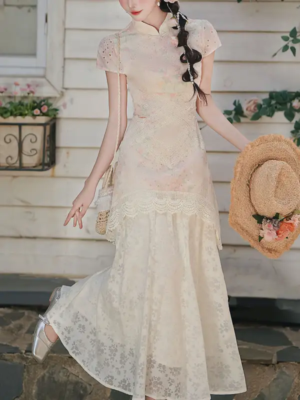 Floral Lace Cheongsam Cheongsam Maxi Dress