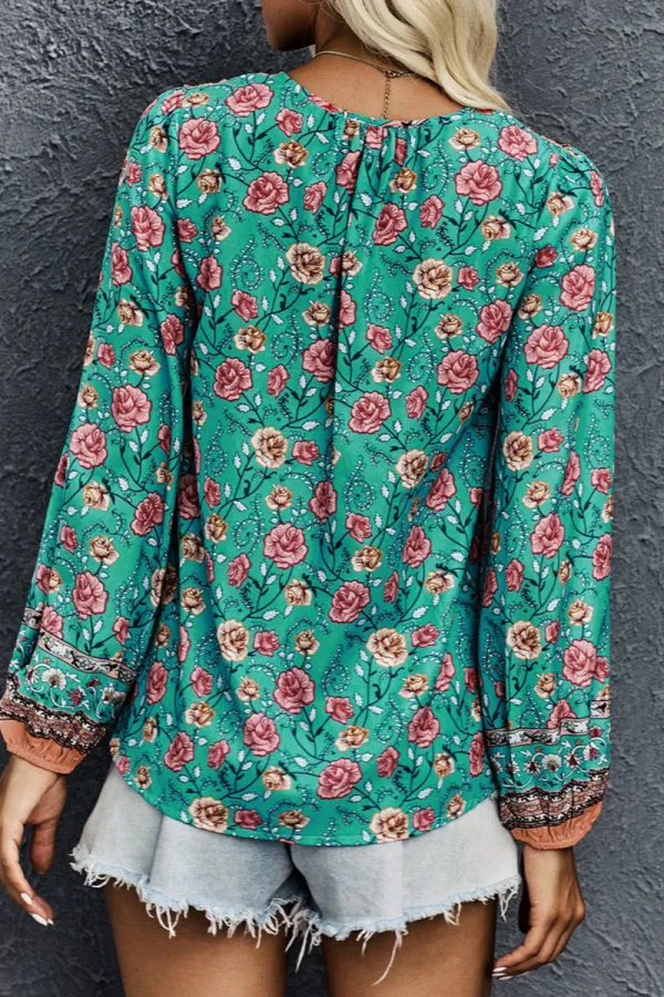 V Cut Neck Floral Lantern Sleeve Blouse