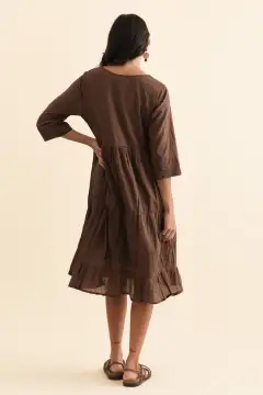 Relaxed Tiered Knee-Length Three-Quarter-Sleeve Cotton A-Line Round-Neck Dress