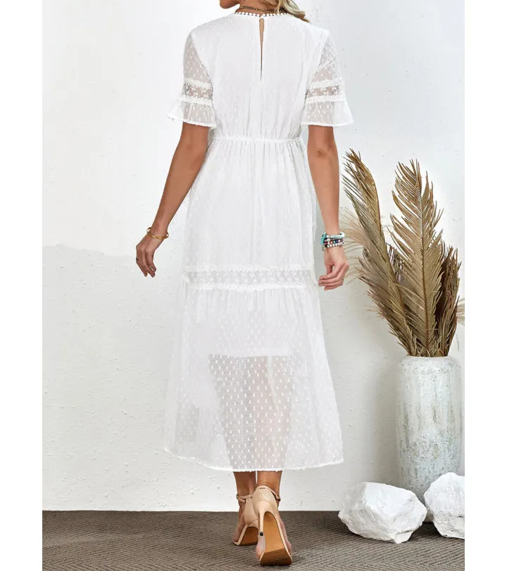 Swiss Dot V-Neck Short Sleeve Midi Dress