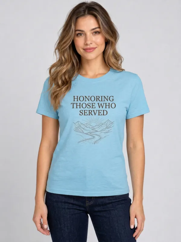 Women's Minimalist Veterans Day Honoring Those Who Served Mountain Landscape Graphic Crewneck T-Shirt