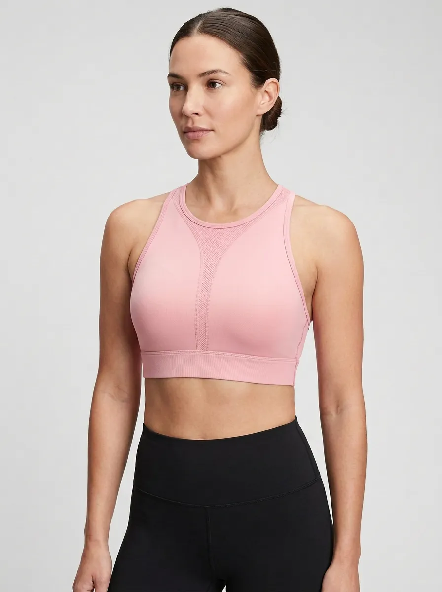 Women's High-Neck Racerback Mesh-Panel Ribbed Sports Bra
