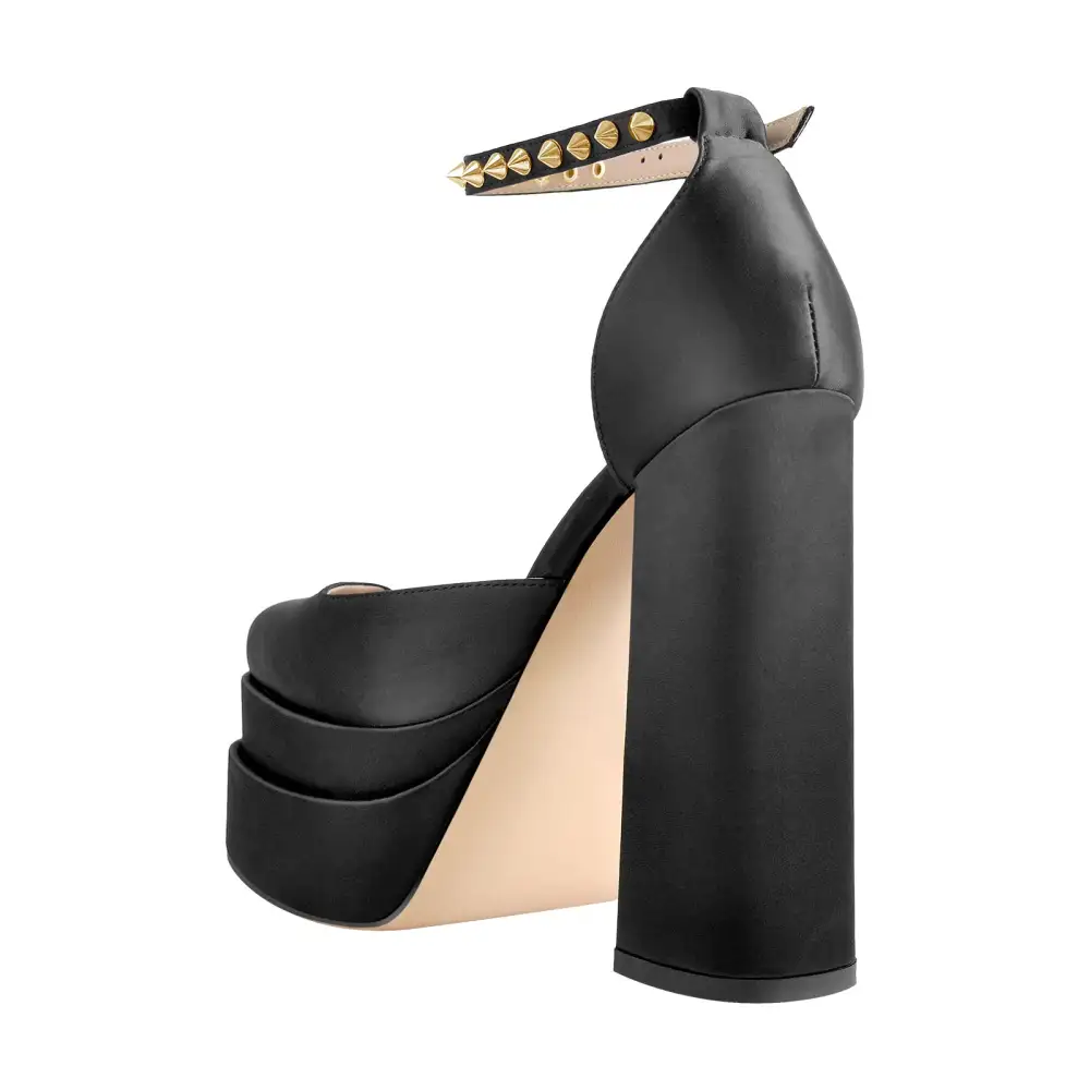 Rivet Square Toe Double Platform Chunky Heel Ankle Strap Pumps