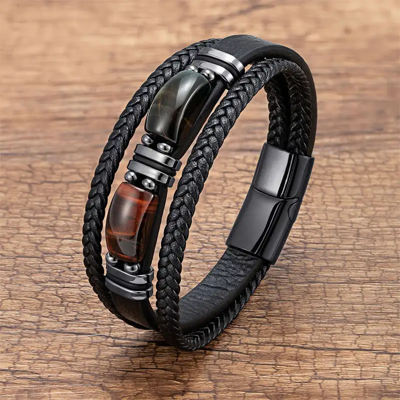 Tiger Eye Stone Willpower Multi Layer Leather Bracelet