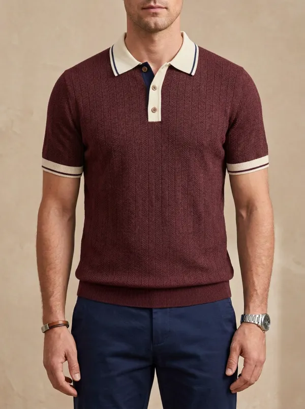 Men's Vintage Ribbed Knit Contrast Collar Polo Shirt