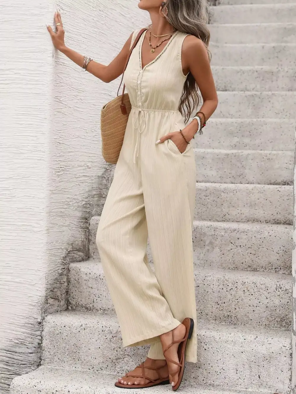 V Neck Drawstring Waist Wide Leg Jumpsuit