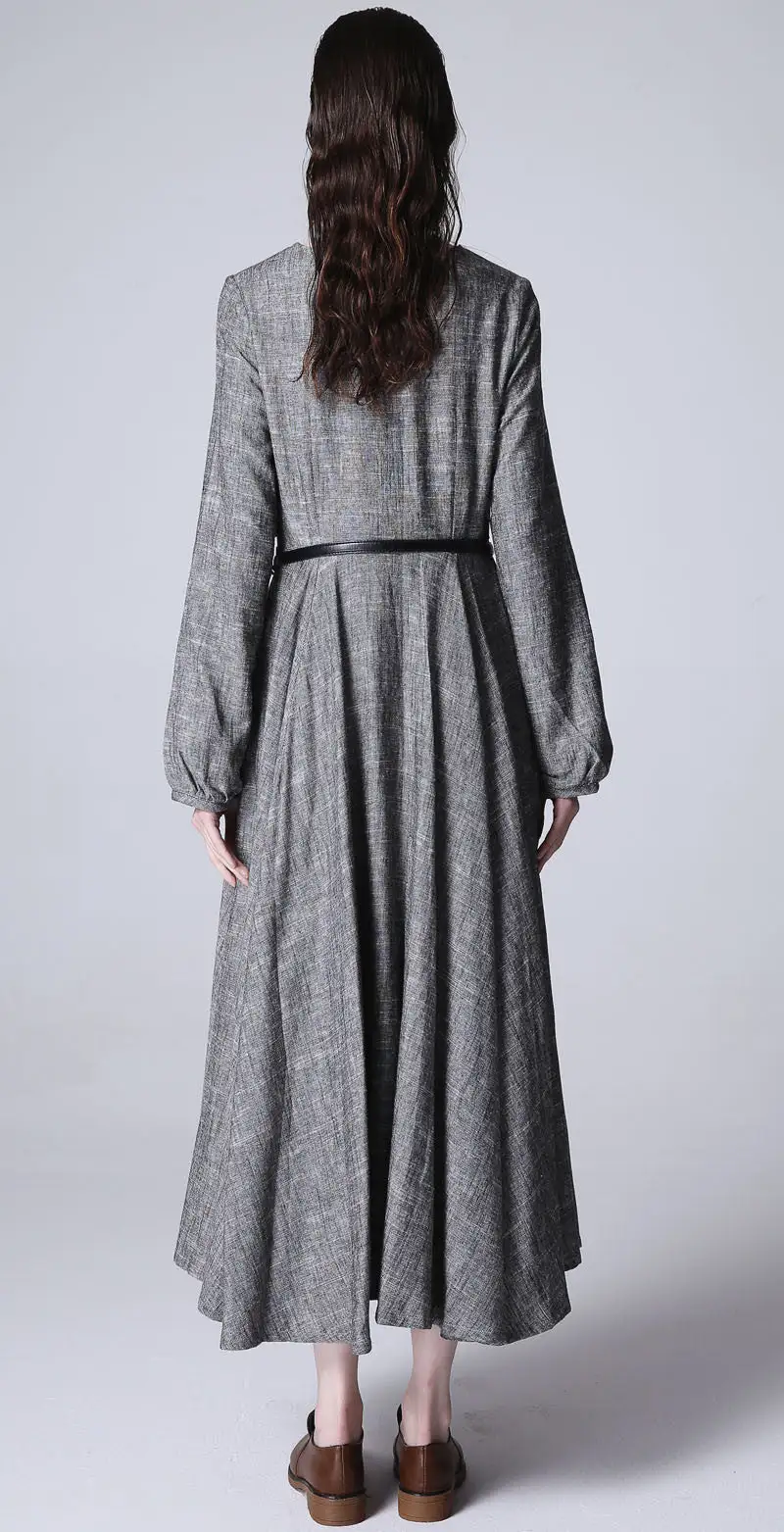 Detailed Linen Long Sleeve Maxi Dress