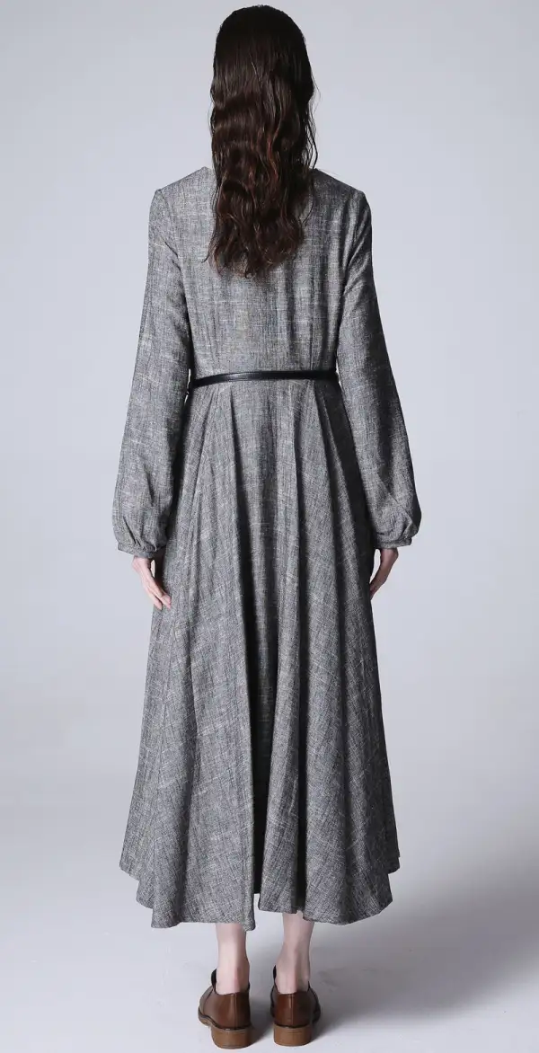Detailed Linen Long Sleeve Maxi Dress