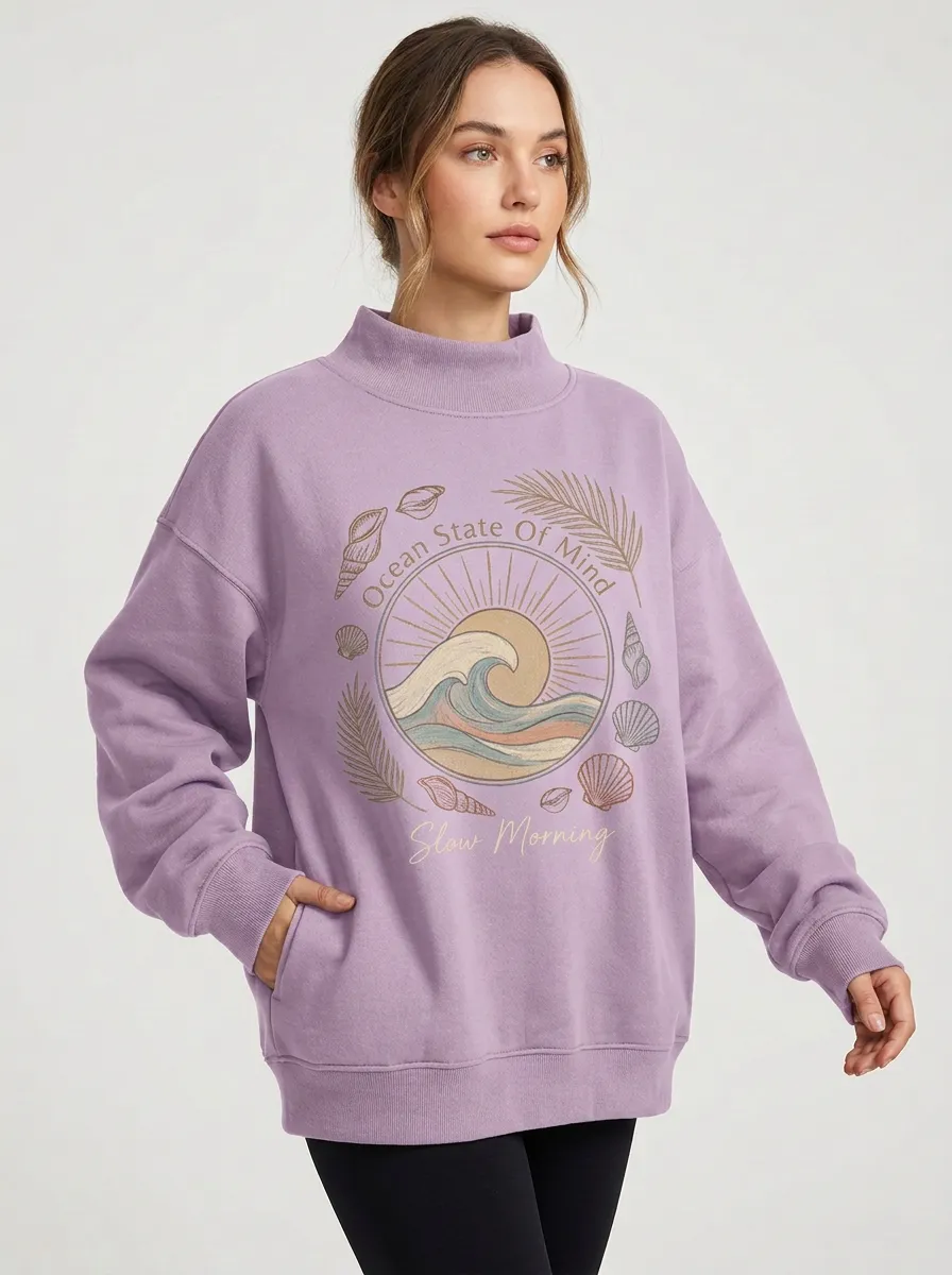 Women's Chocolate Beach Ocean Wave Seashell Mock Neck Sweatshirt
