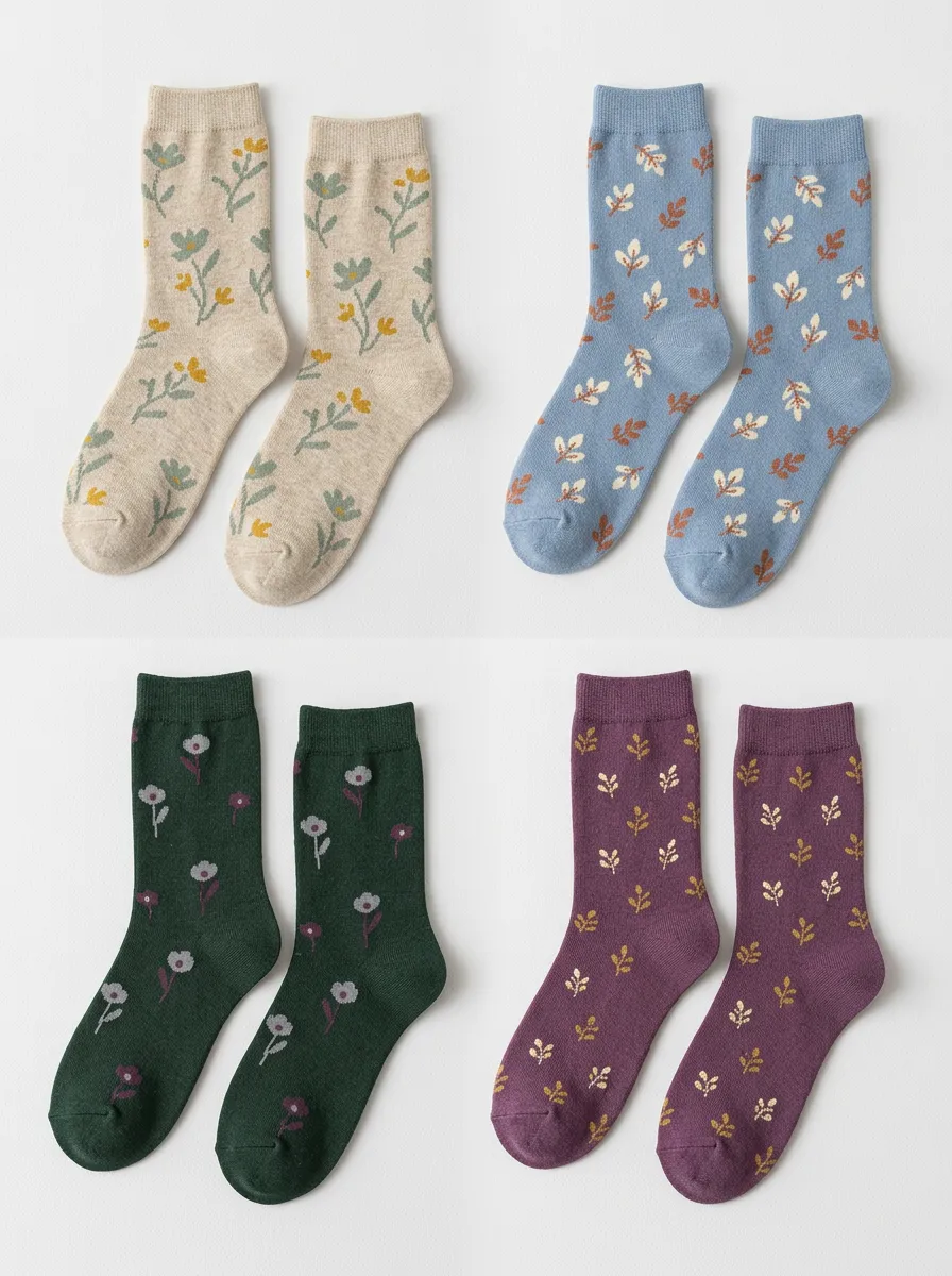Women's Botanical Floral Ribbed Crew Socks Four Pair Set