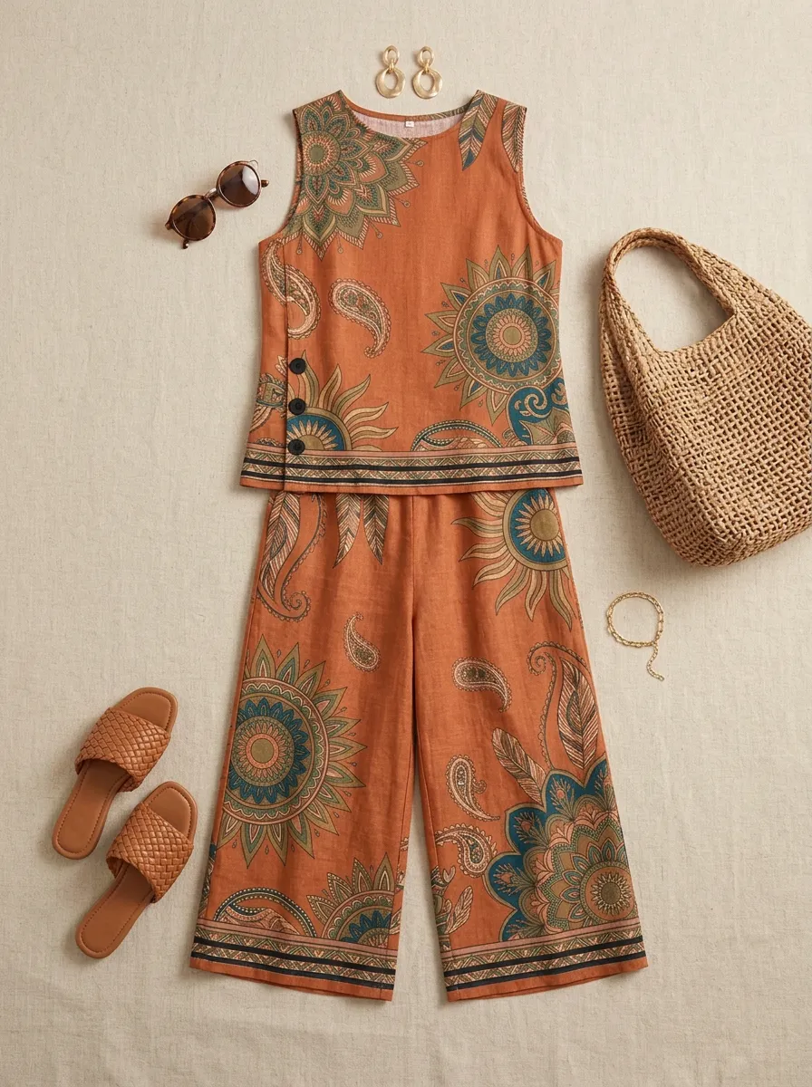 Women's Bohemian Paisley Mandala Printed Sleeveless Set