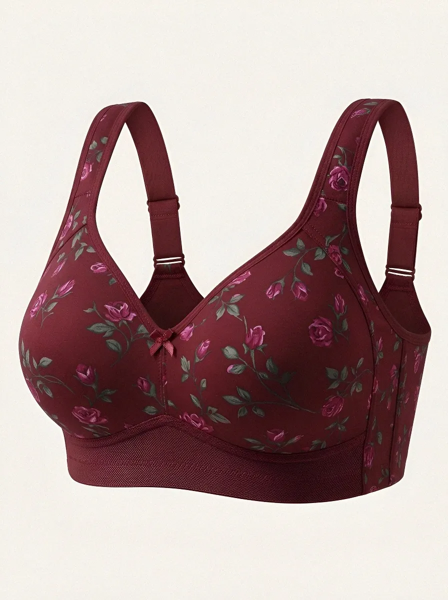 Women's Plus Size Beige Rose Floral Full-Coverage Wireless Bra