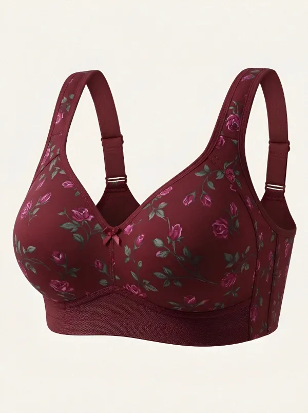 Women's Plus Size Beige Rose Floral Full-Coverage Wireless Bra