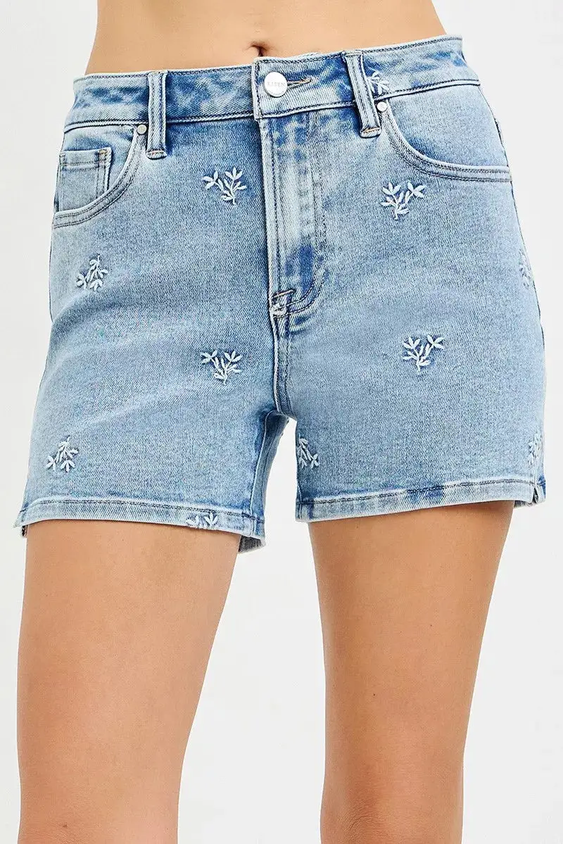 Risen High Rise Denim Shorts with Embroidered Detail