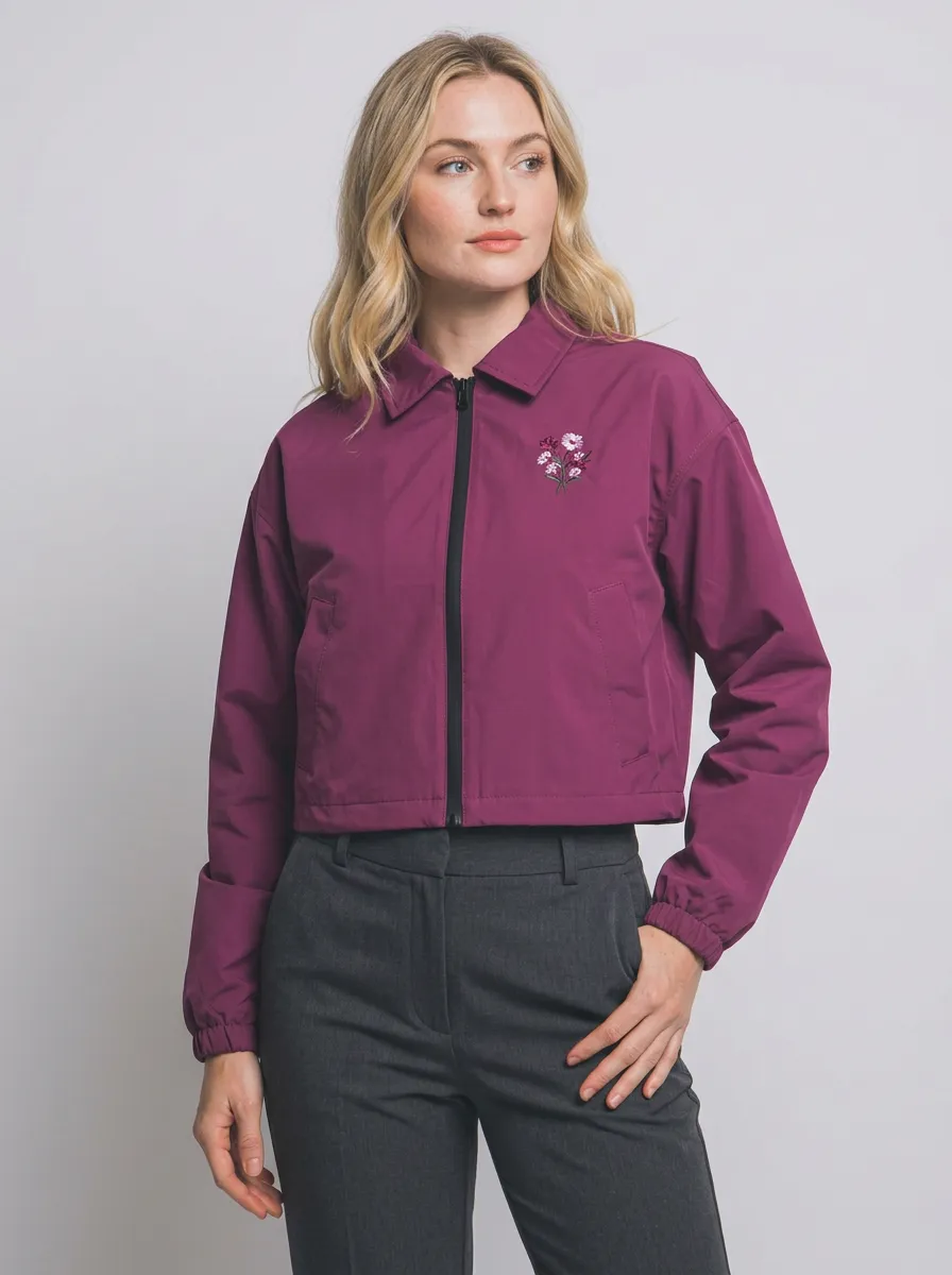 Women's Deep Plum Floral-Embroidered Collared Zip Jacket