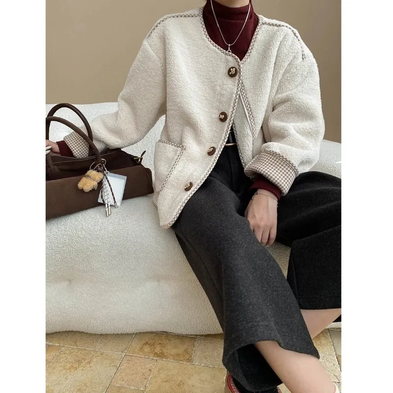 Plaid Patchwork Fleece Casual Outerwear Jacket