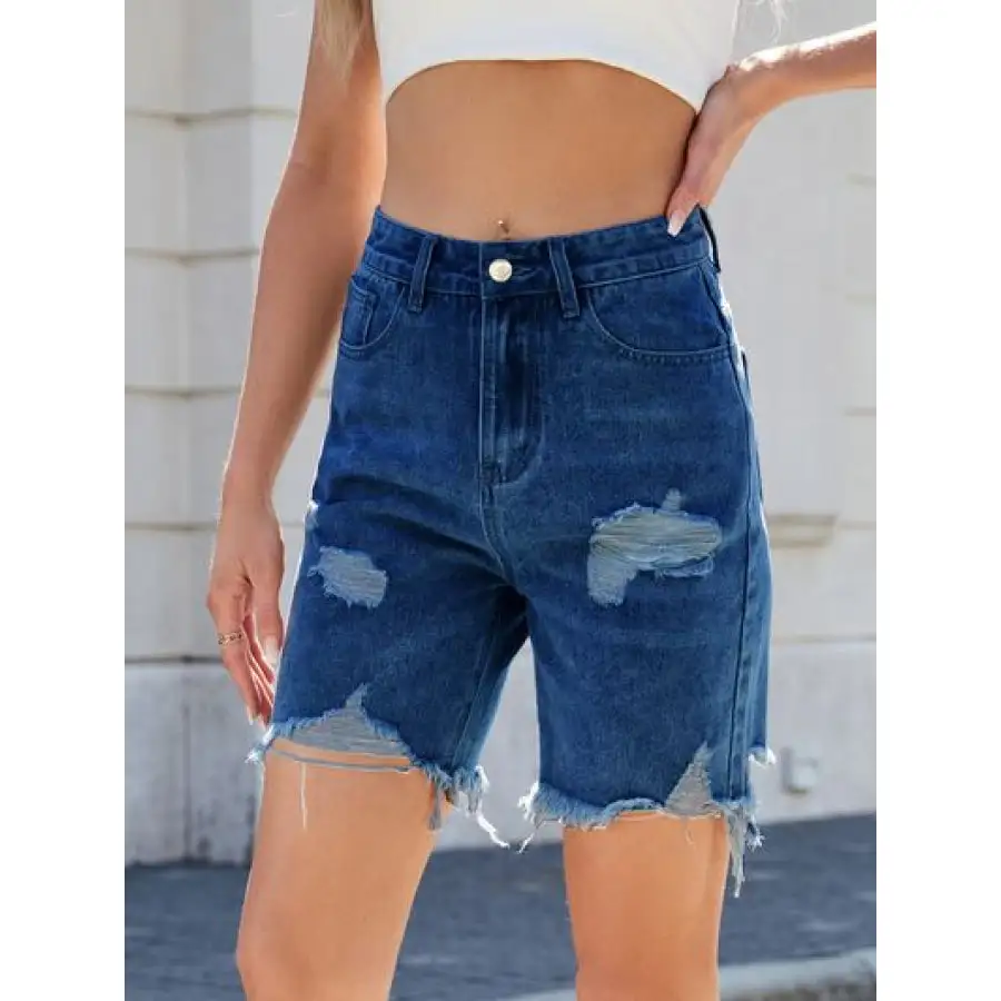 Casual Raw Hem Distressed Denim Shorts