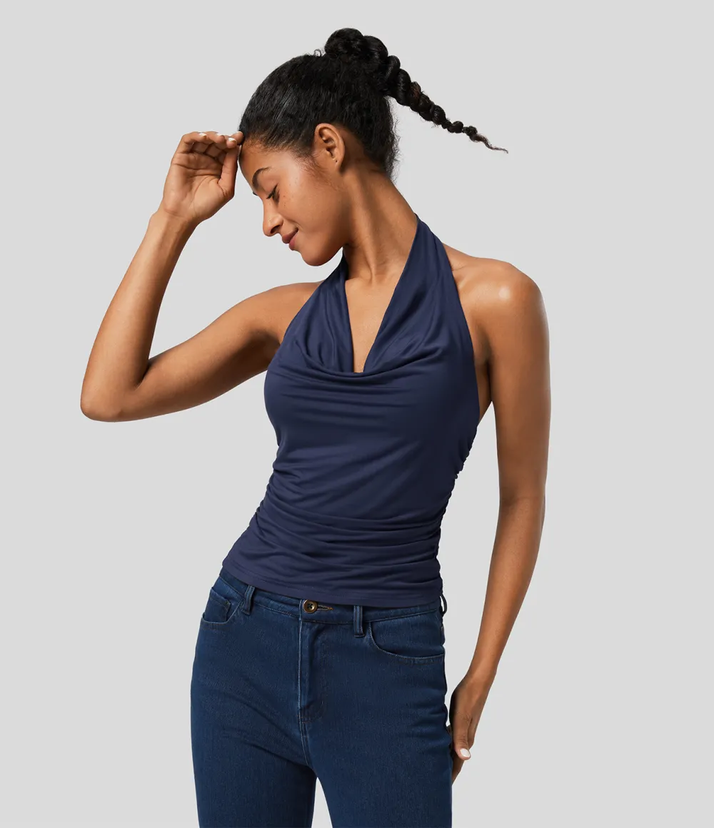 Halter Cowl Neck Backless Ruched Casual Tank Top