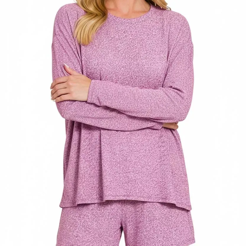 Relaxed Soft Melange Long Sleeve Tee and Shorts Set