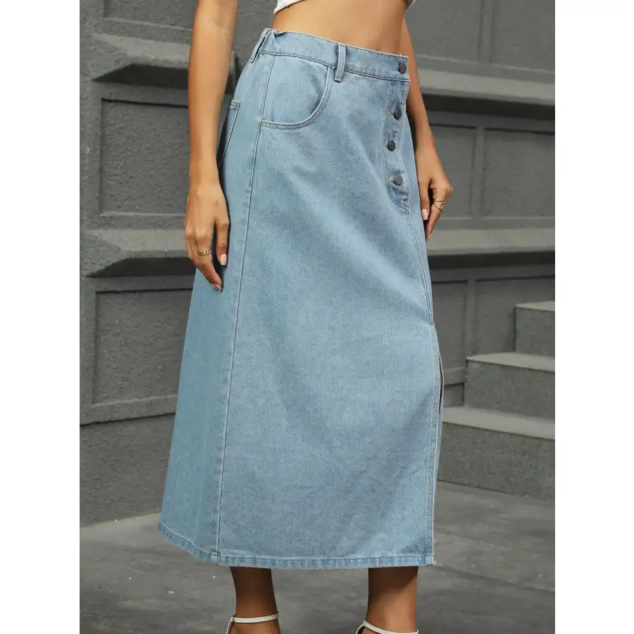 Slit Button Detail Denim Midi Skirt