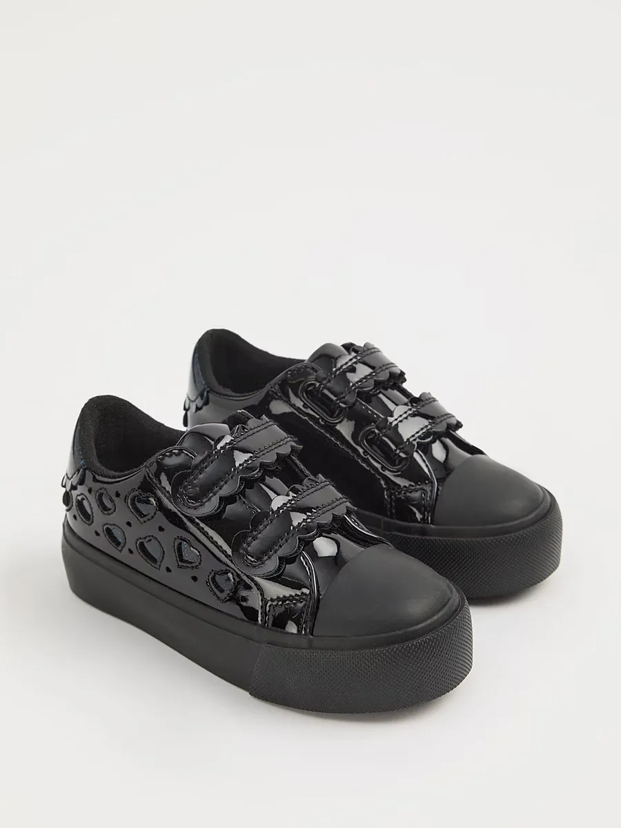 Black Heart Cutout Patent Twin Strap School Shoes