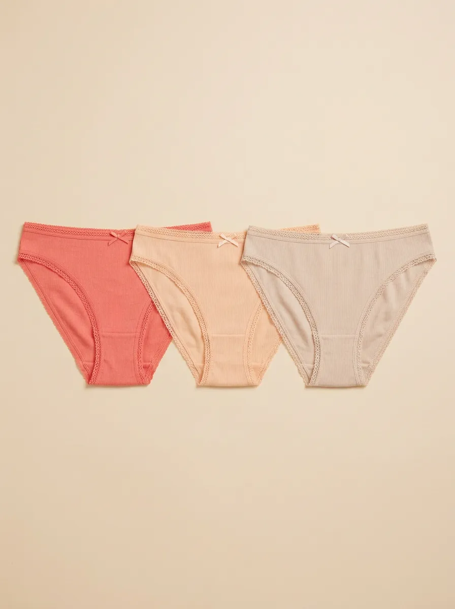 Women's Mid-Rise Ribbed Seamless 3-Pack Lace-Trim Bow-Detail Briefs