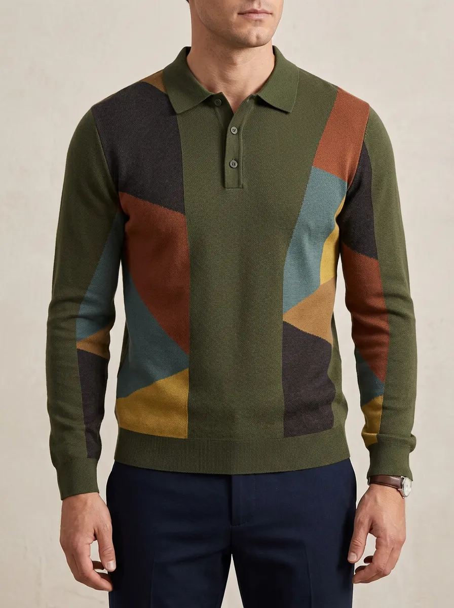 Men's Geometric Colorblock Pattern Printed Long Sleeve Polo Shirt Modern Pattern