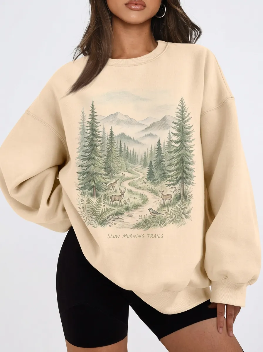 Women's Nature Forest Deer Landscape Graphic Sweatshirt