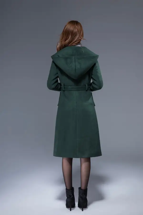 Wool Blend Oversized Hooded Double Breasted Belted Coat