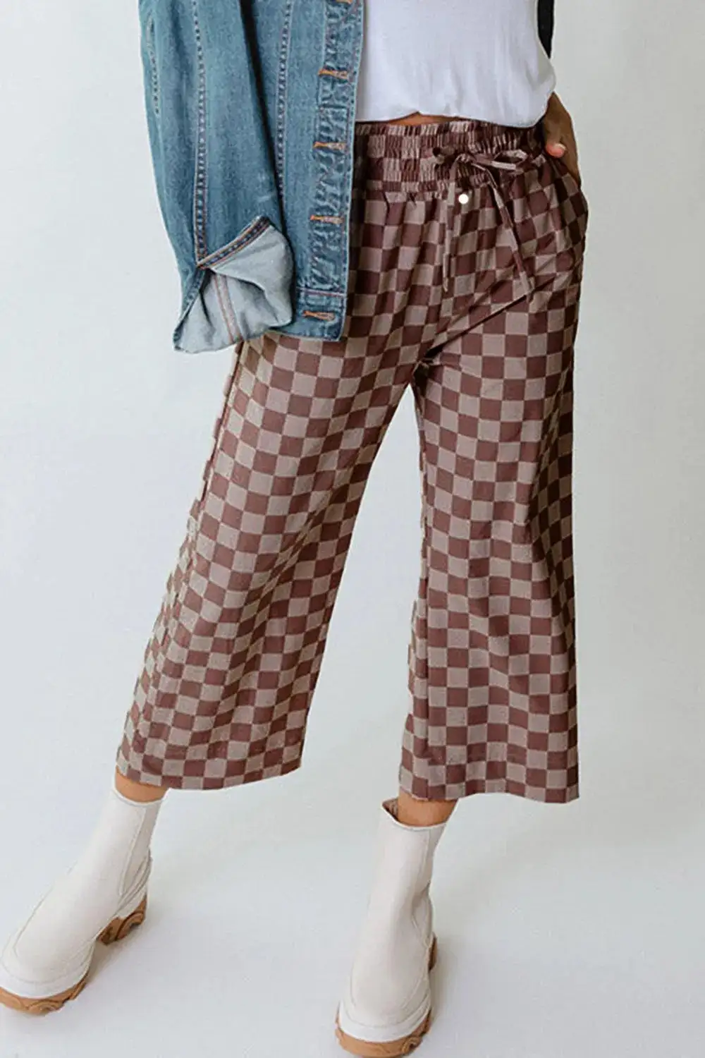 Checkered Elastic High Waist Loose Pants