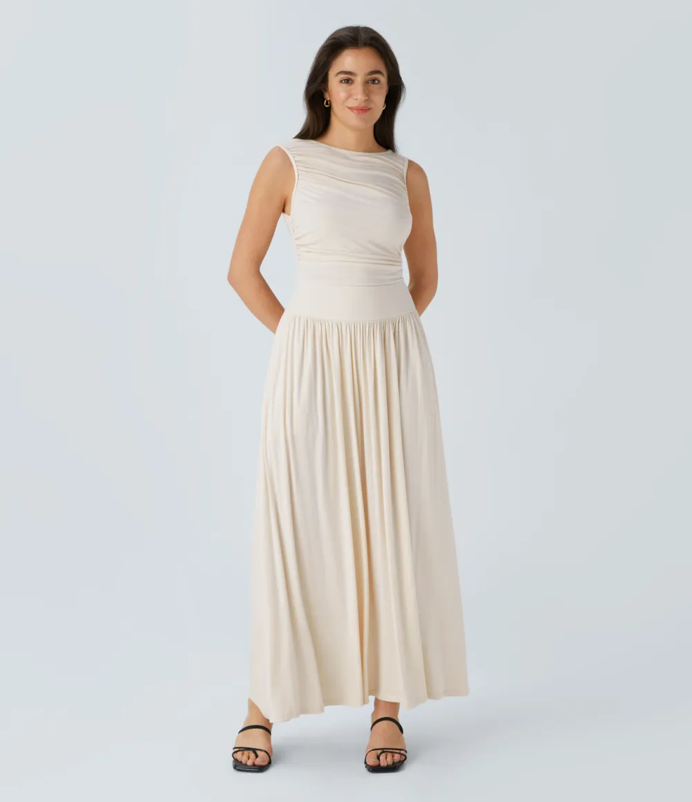 Ribbed Boat Neck Ruched Side Pocket Flowy Maxi Casual Dress