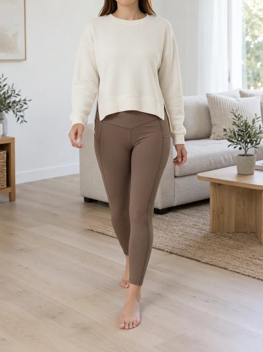 Women's Ribbed Pocket Detail Crewneck Sweatshirt Leggings Set