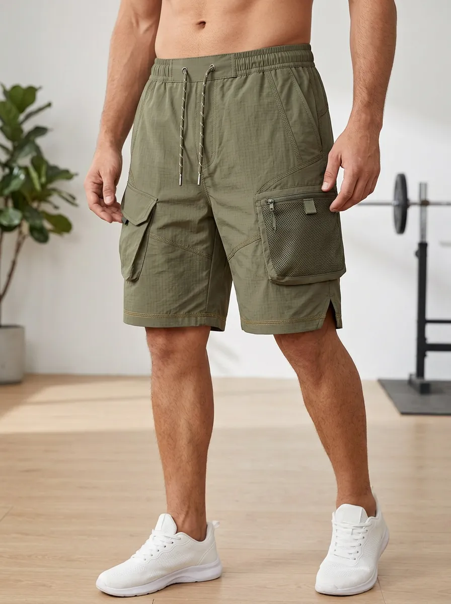 Men's Olive Green Multi-Pocket Cargo Sports Shorts